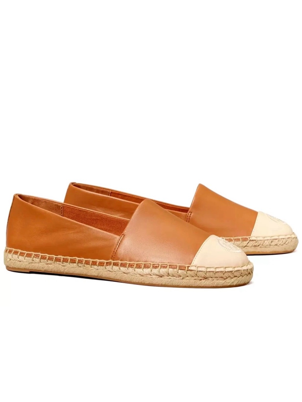 New Tory Burch Womenβs Leather Espadrilles Brown Cognac Tan Cap Toe Size 9M